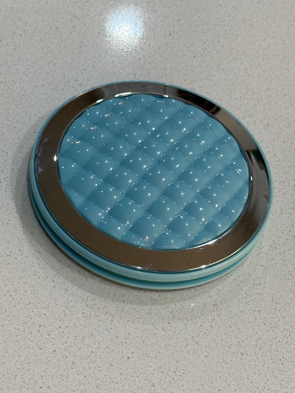 Blue Quilted Compact Mirror with Silver Trim